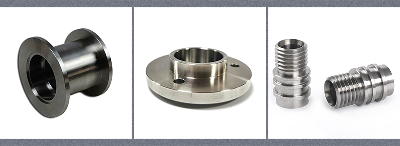 Three carbon steel machined parts: a flange with a hole, a flat flange with bolt holes, and a threaded connector.