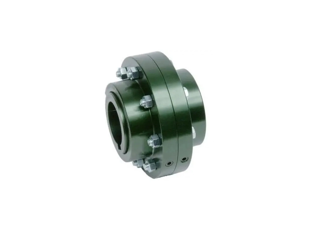 Flange coupling with two matching circular flanges bolted together via threaded holes and a gasket, using a tapered key for secure, slippage-free connection in heavy-duty shaft alignment.