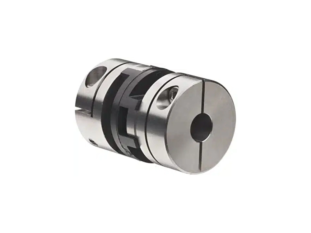 Oldham coupling with two flanges connected by a central sliding plate via perpendicular tongue-and-groove joints, designed for high parallel misalignment between shafts.