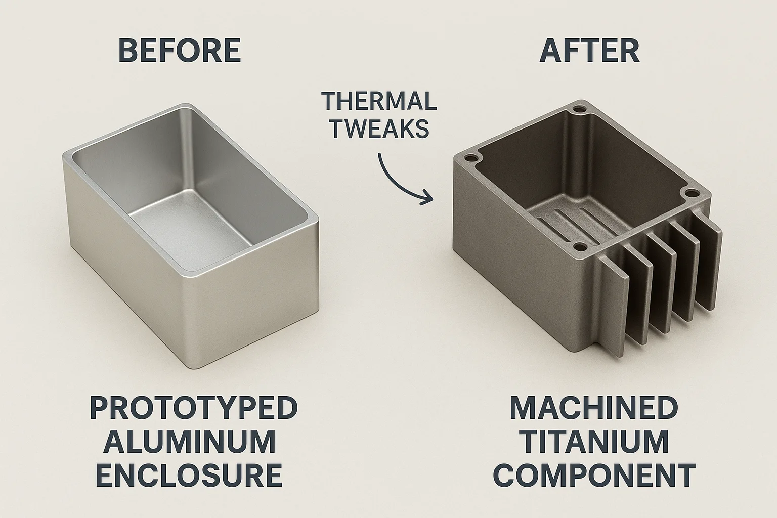 Before and after comparison: prototyped aluminum enclosure vs machined titanium component with improved thermal management due to higher melting point