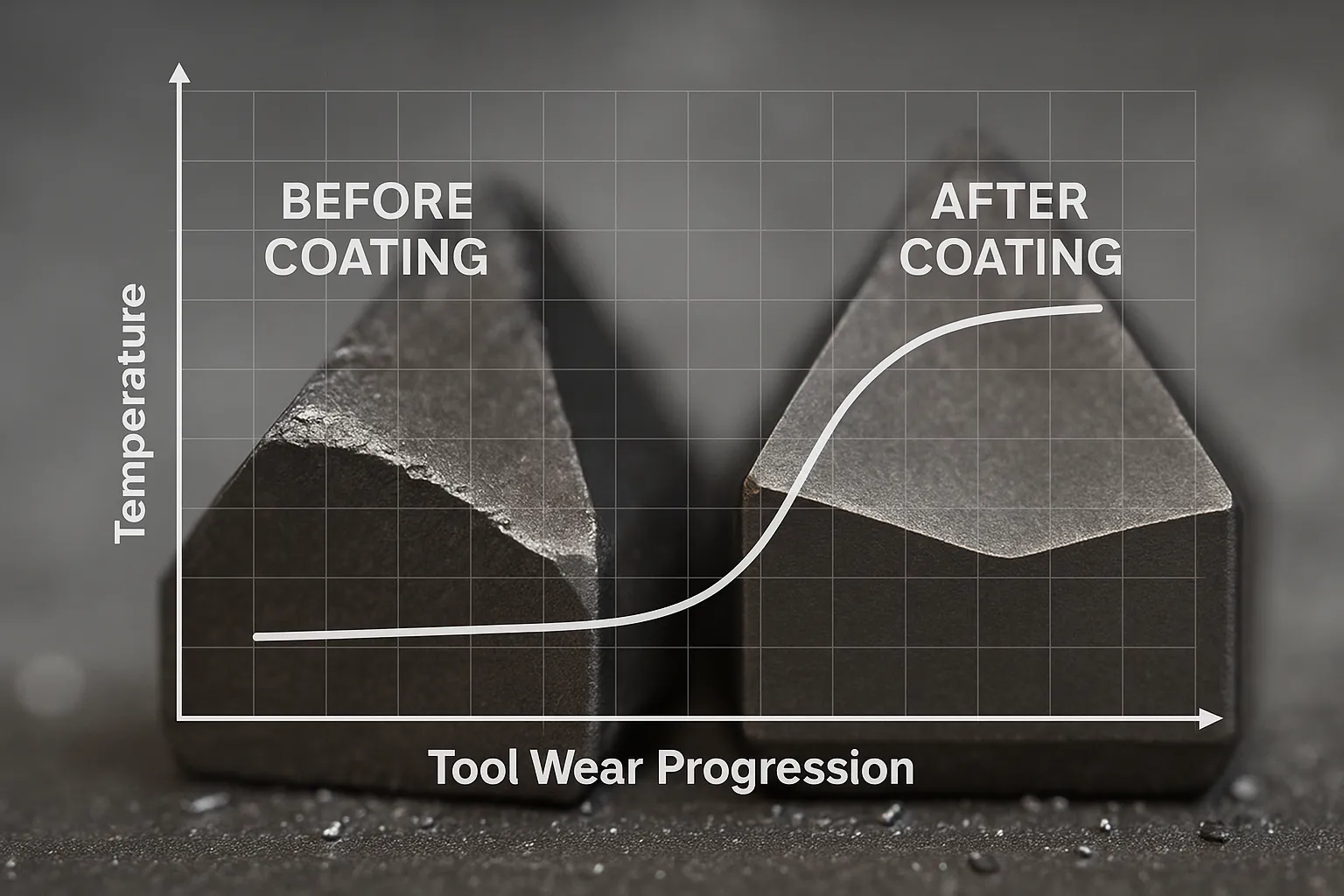 CNC cutting tool wear progression before and after heat-resistant coating, demonstrating extended tool life near metal melting temperatures