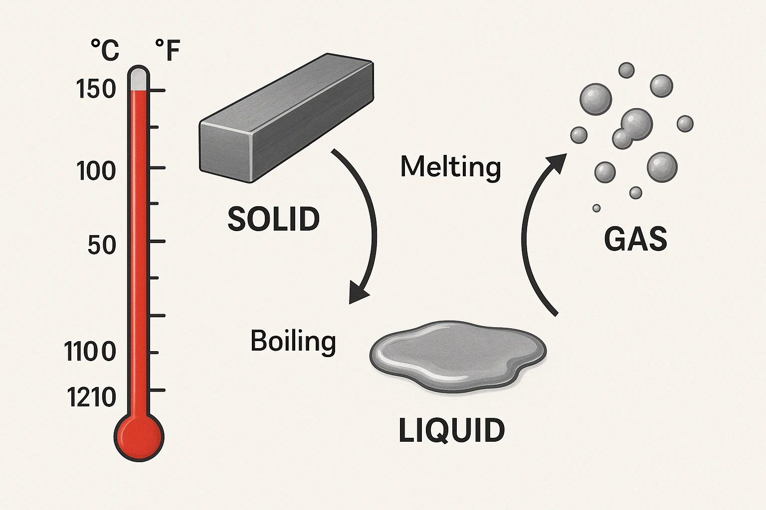 Diagram illustrating metal phase changes from solid to liquid (melting) and gas in CNC machining temperature context
