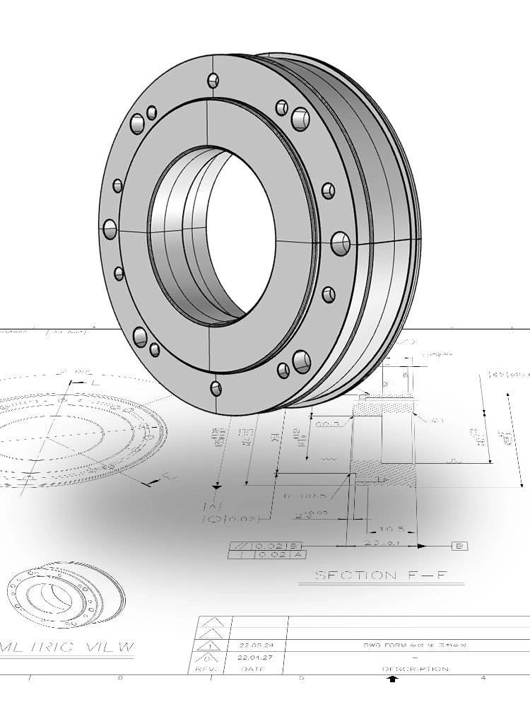 CNC machining from 2D drawing — custom flange part technical drawing and 3D model