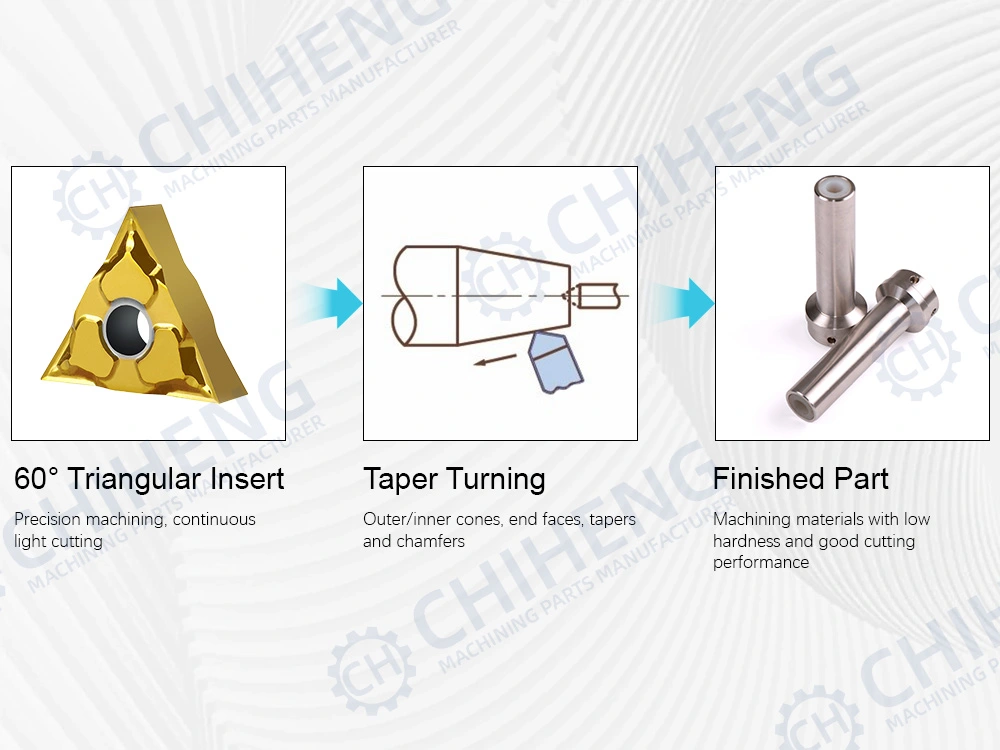 Triangular insert for taper turning, machining diagram, and finished metal shaft