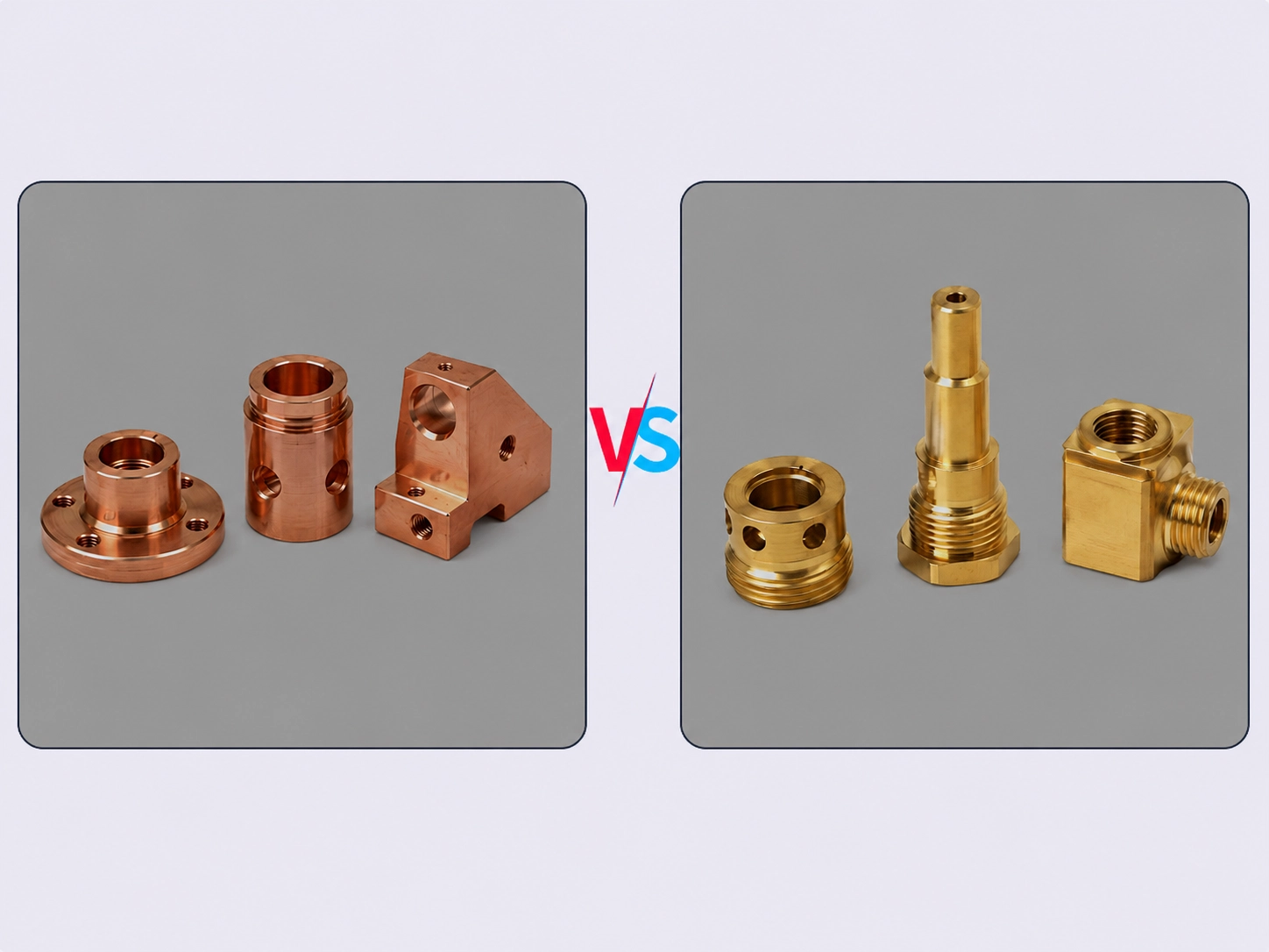 CNC machined copper parts and brass parts side by side showing color, threading, and machinability differences for material selection