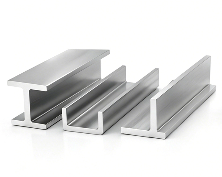 Custom aluminum extrusions showing I-beam, U-channel, and L-angle sections for industrial applications