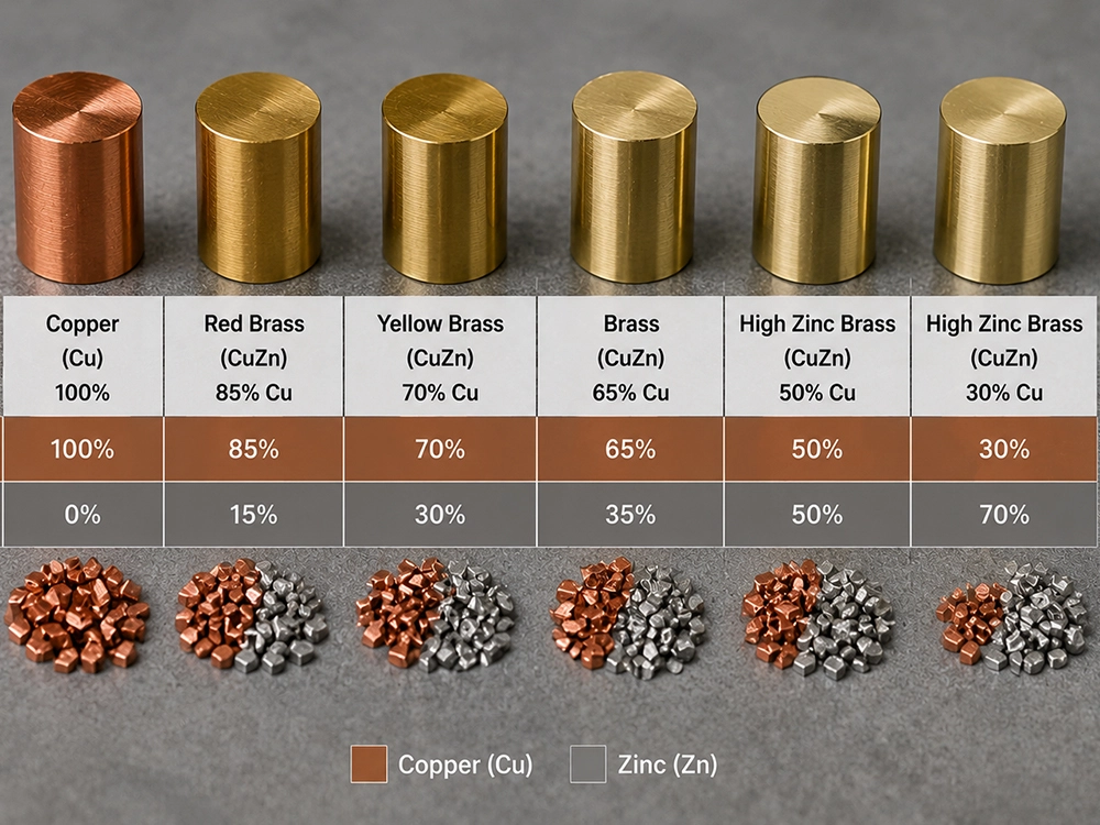 Brass color spectrum showing how copper-zinc ratio changes appearance from pure copper to red brass, yellow brass, and high-zinc brass