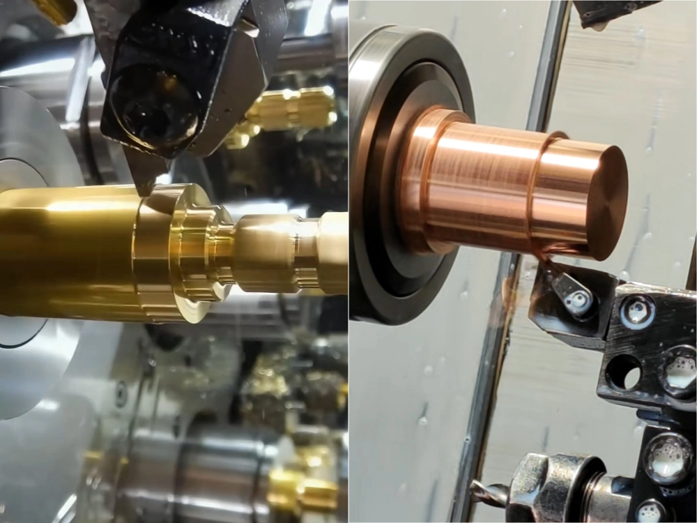 CNC lathe turning brass part versus copper part side by side