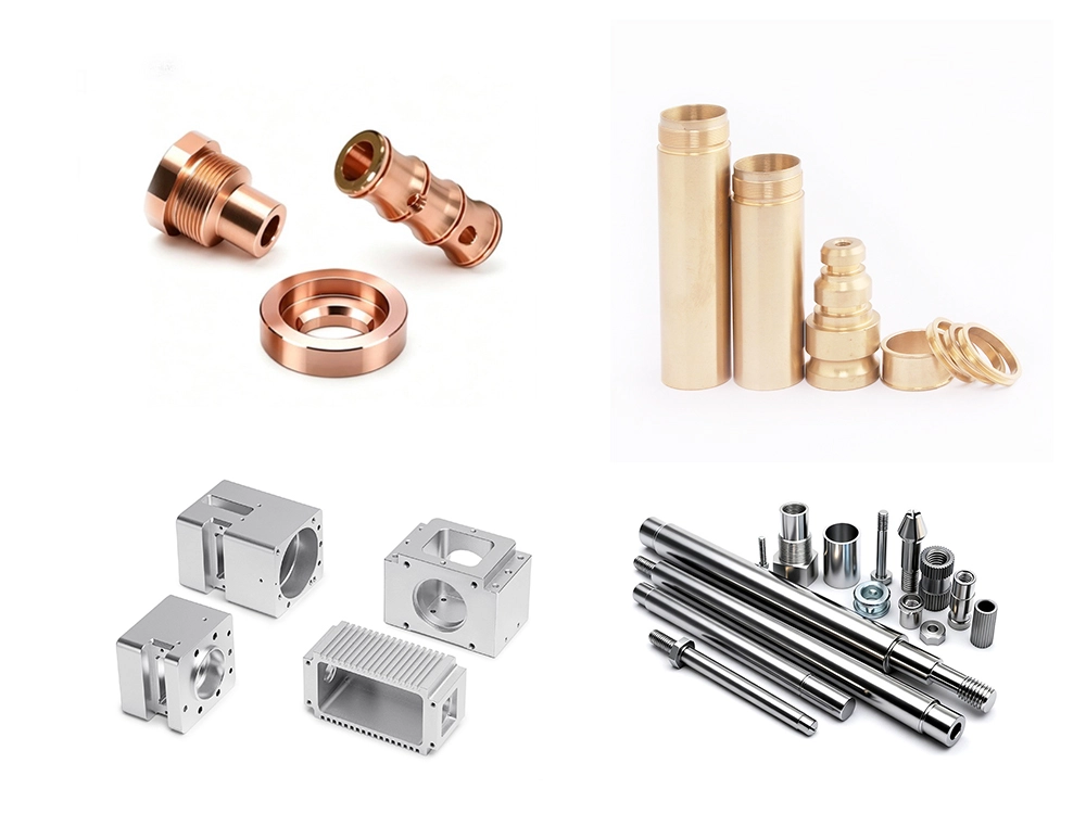 Comparison of machined parts in four materials — copper fittings, brass bushings, aluminum housings, and steel shafts