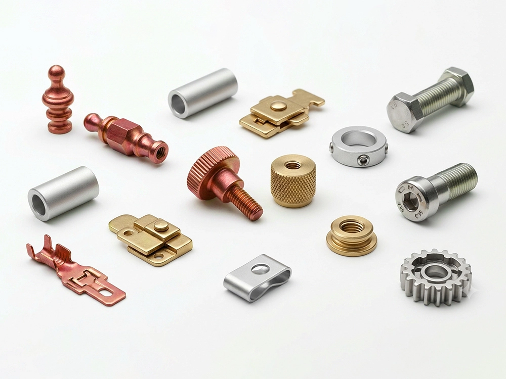 Precision small parts machined from copper and brass alloys, including terminals, knurled screws, and connectors