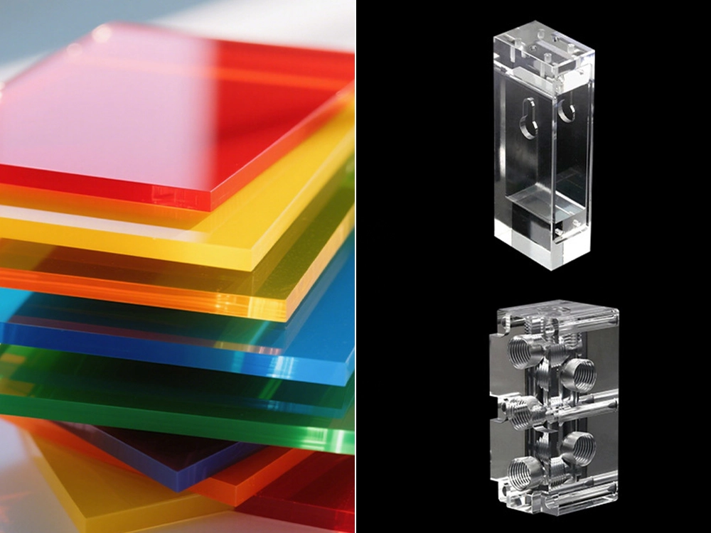 Acrylic PMMA material overview showing transparent sheets, machined components, and industrial applications.