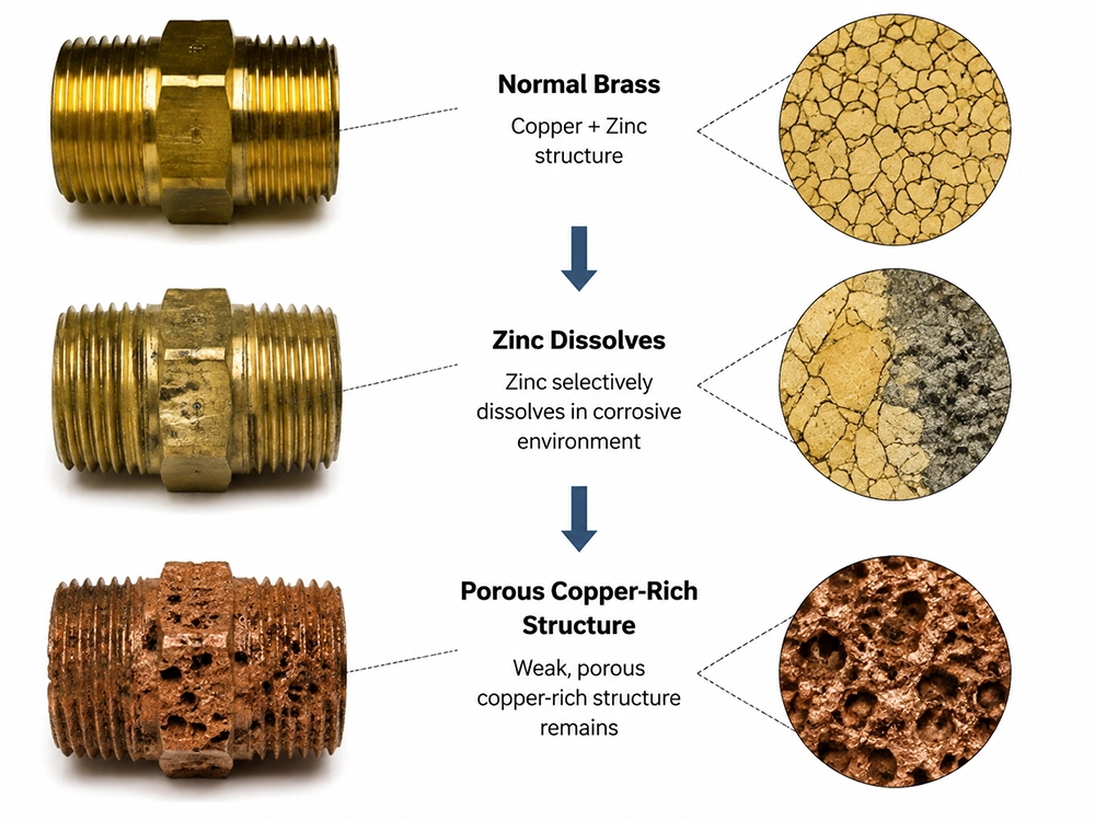 Brass dezincification corrosion process caused by zinc loss in harsh environments