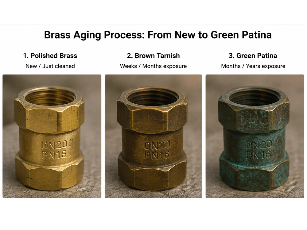 Brass aging process from polished surface to brown tarnish and green patina