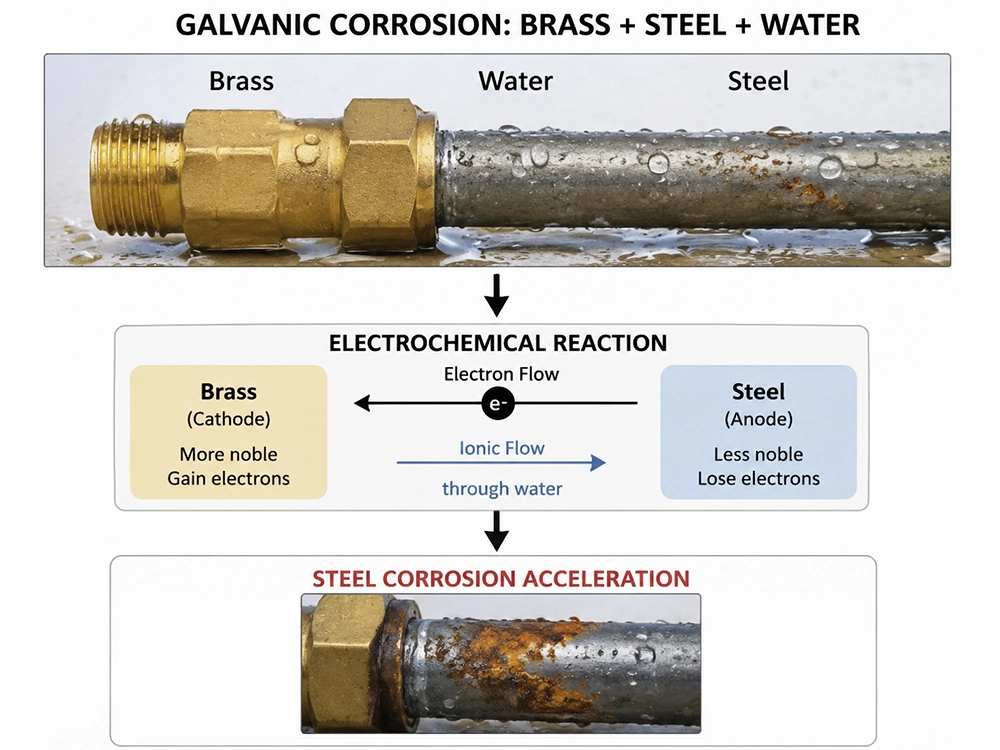 Galvanic corrosion between brass and steel in water environments