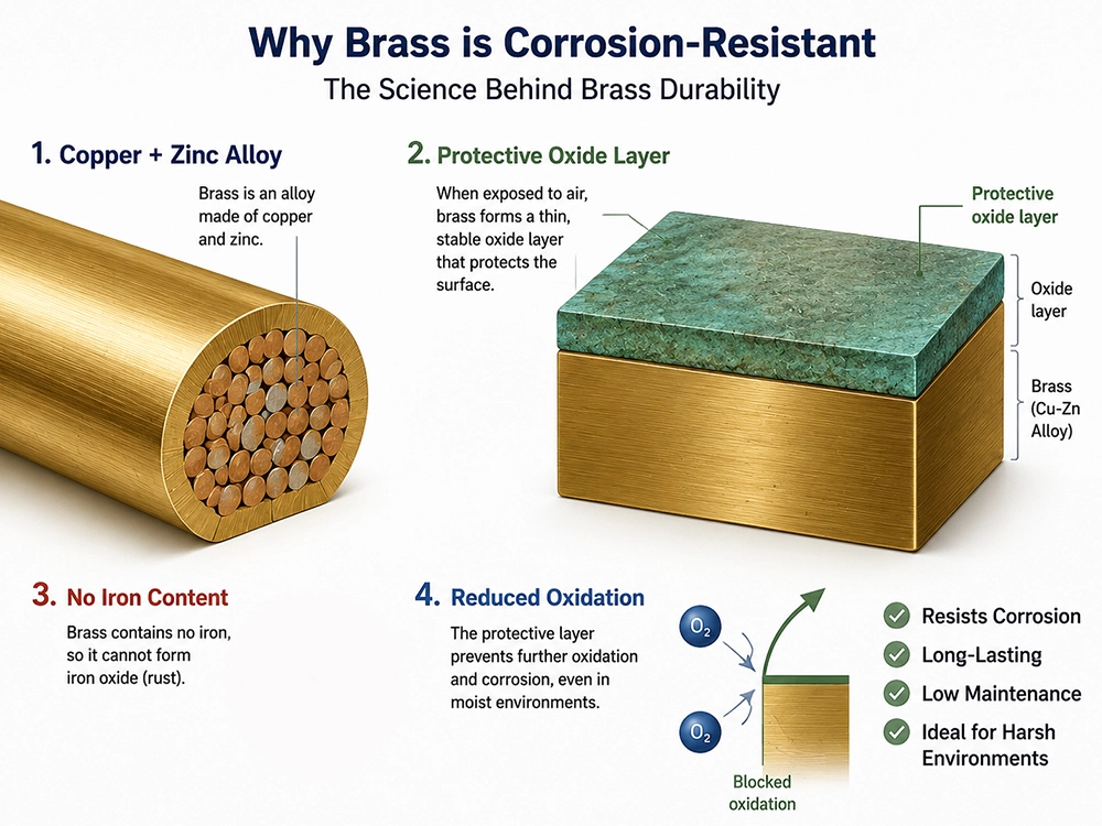 Why brass is corrosion resistant due to copper zinc alloy structure and protective oxide layer