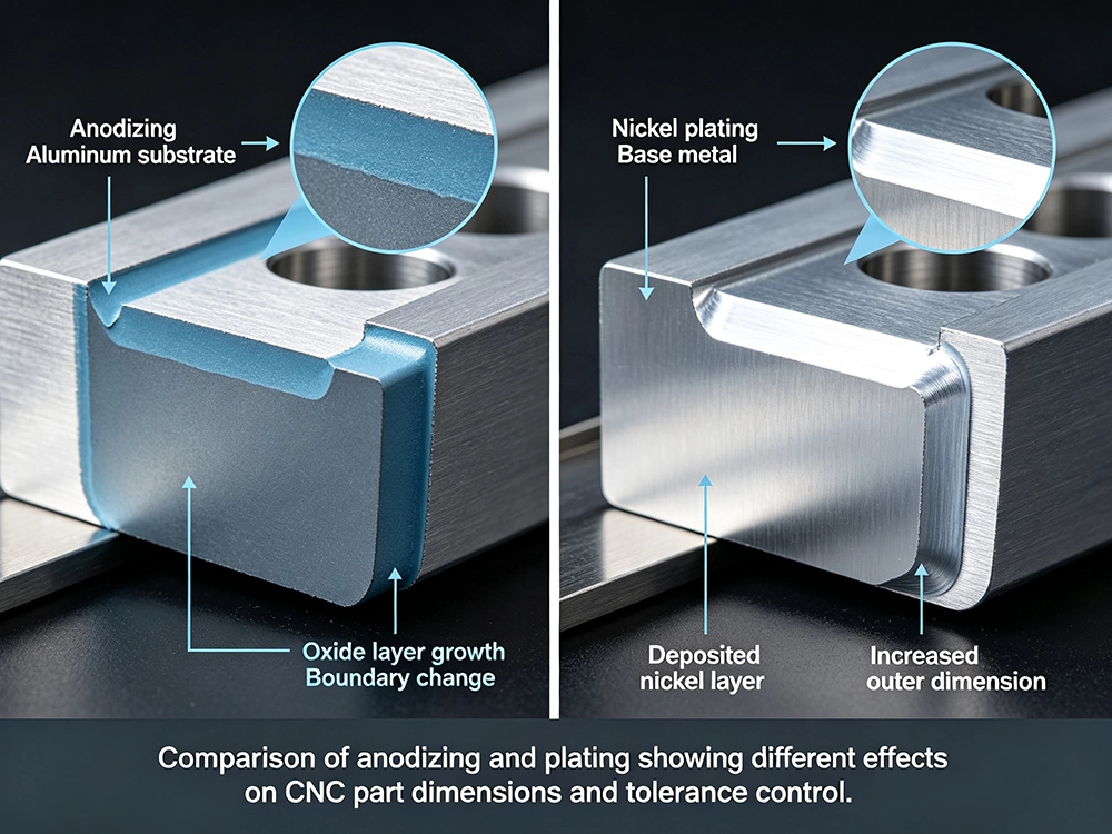 Comparison of anodizing and plating showing different effects on CNC part dimensions and tolerance control.