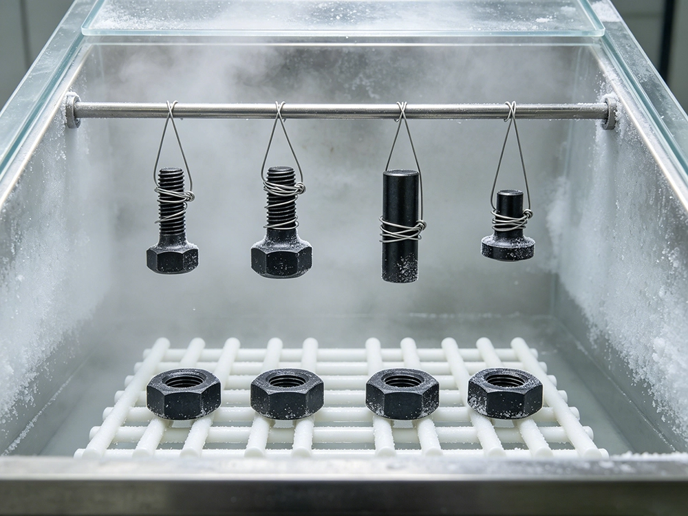 Black oxide coated steel parts undergoing ASTM B117 salt spray corrosion testing after protective sealing
