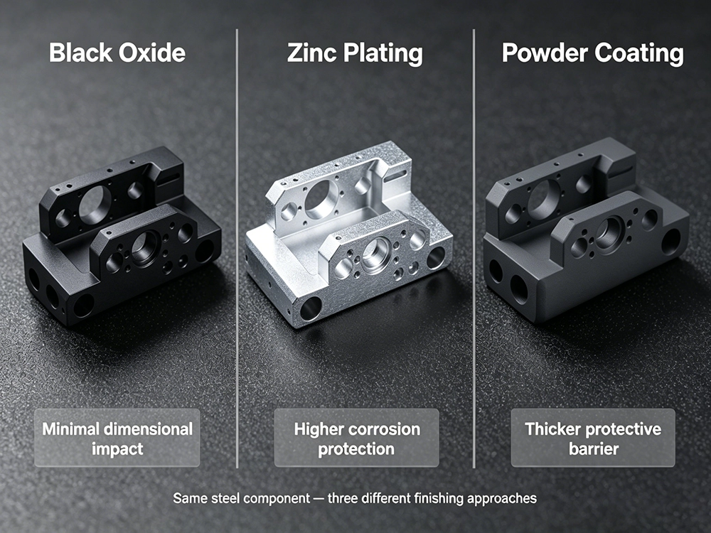 Comparison of black oxide, zinc plating and powder coating finishes for precision steel components