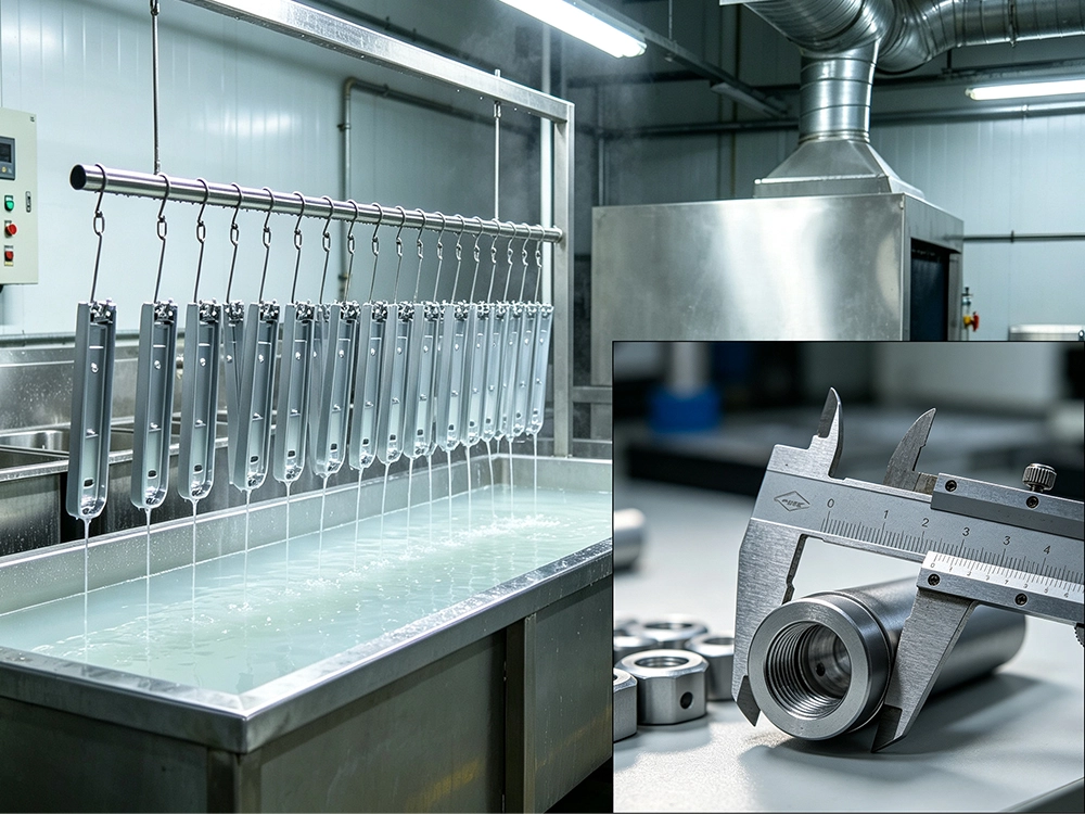 CNC surface finishing quality control process using dimensional inspection, roughness measurement, and coating thickness testing.