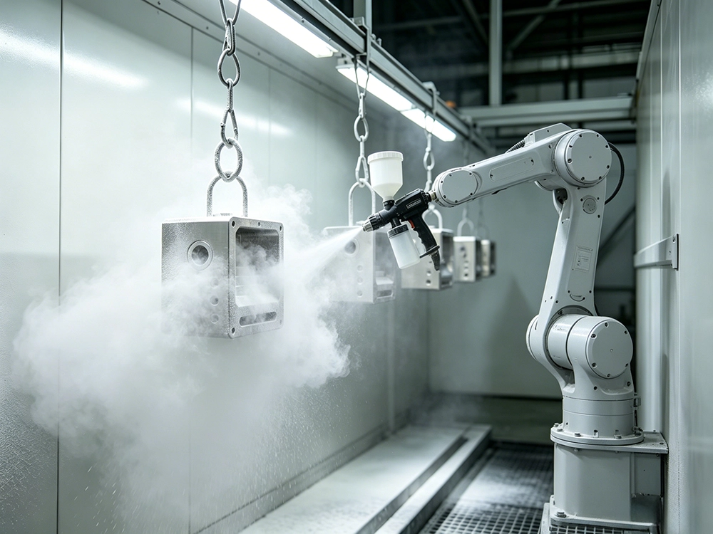 Automated electrostatic spray gun applying electrically charged dry powder to a grounded custom metal substrate.