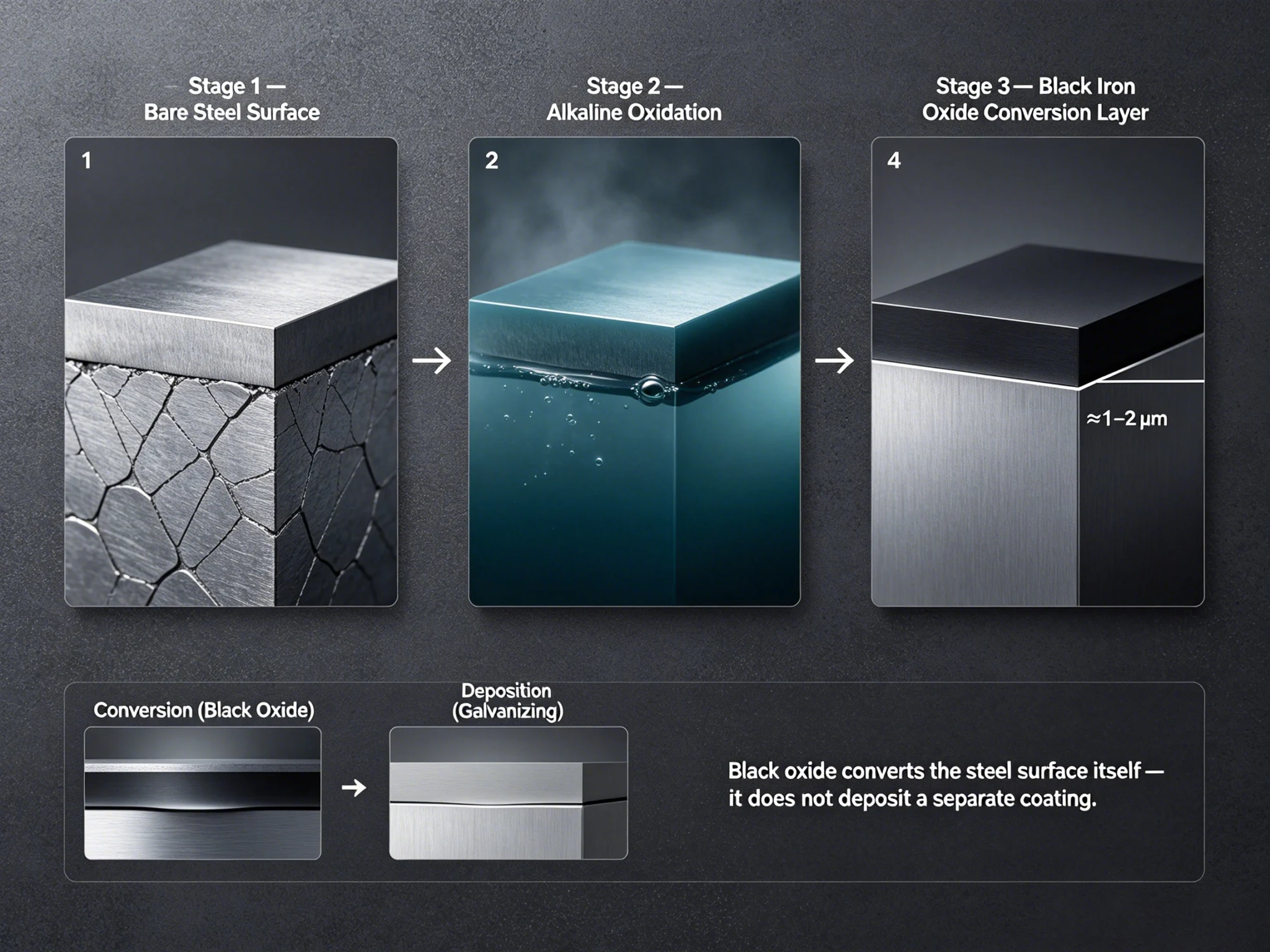 Hot black oxide chemical conversion process forming a thin black iron oxide layer on a carbon steel surface
