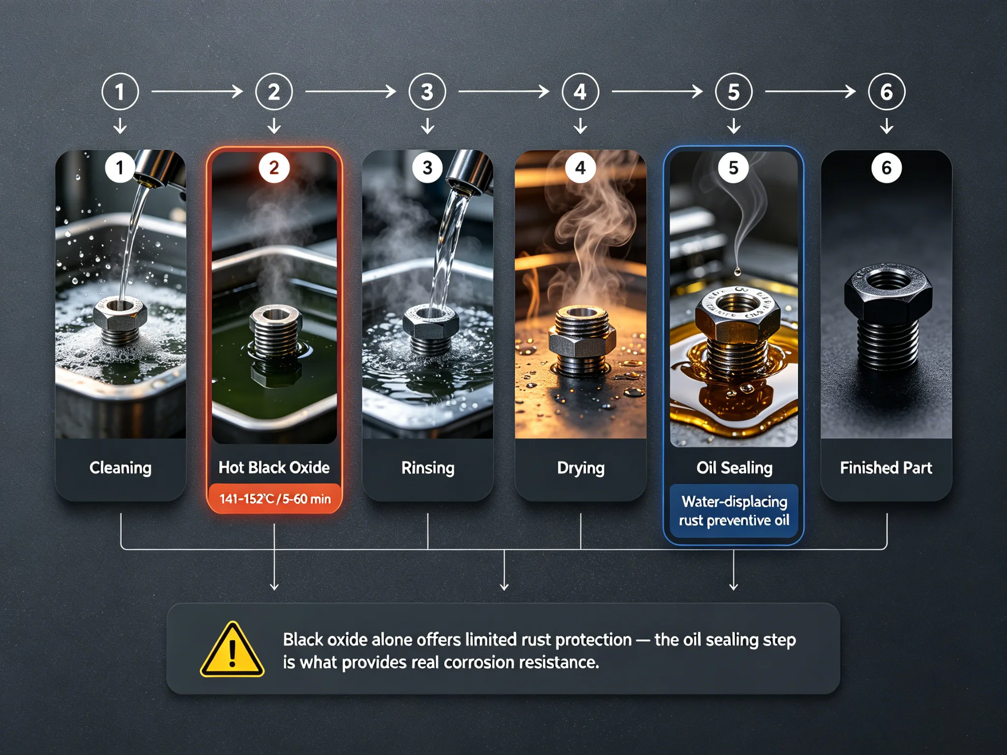 Hot black oxide process flow showing cleaning, alkaline oxidation, rinsing, drying and rust preventive oil sealing