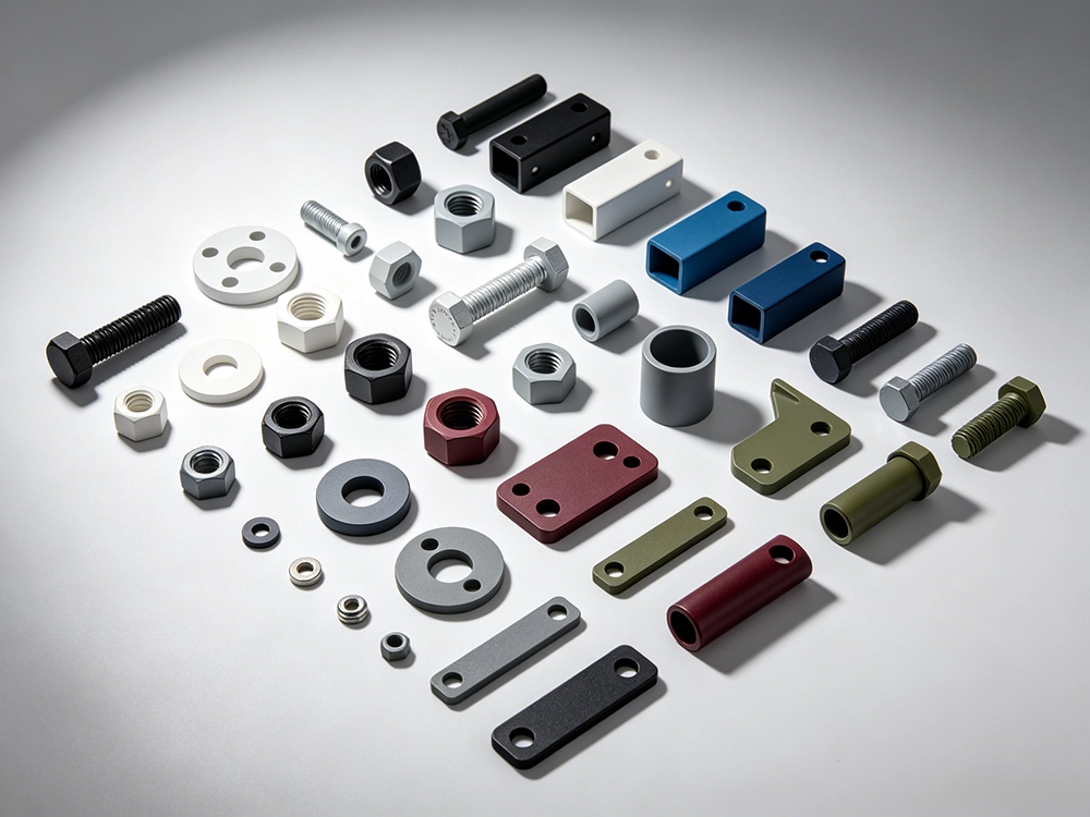 A wide view of an industrial manufacturing facility showcasing the professional powder coating process on heavy metal components