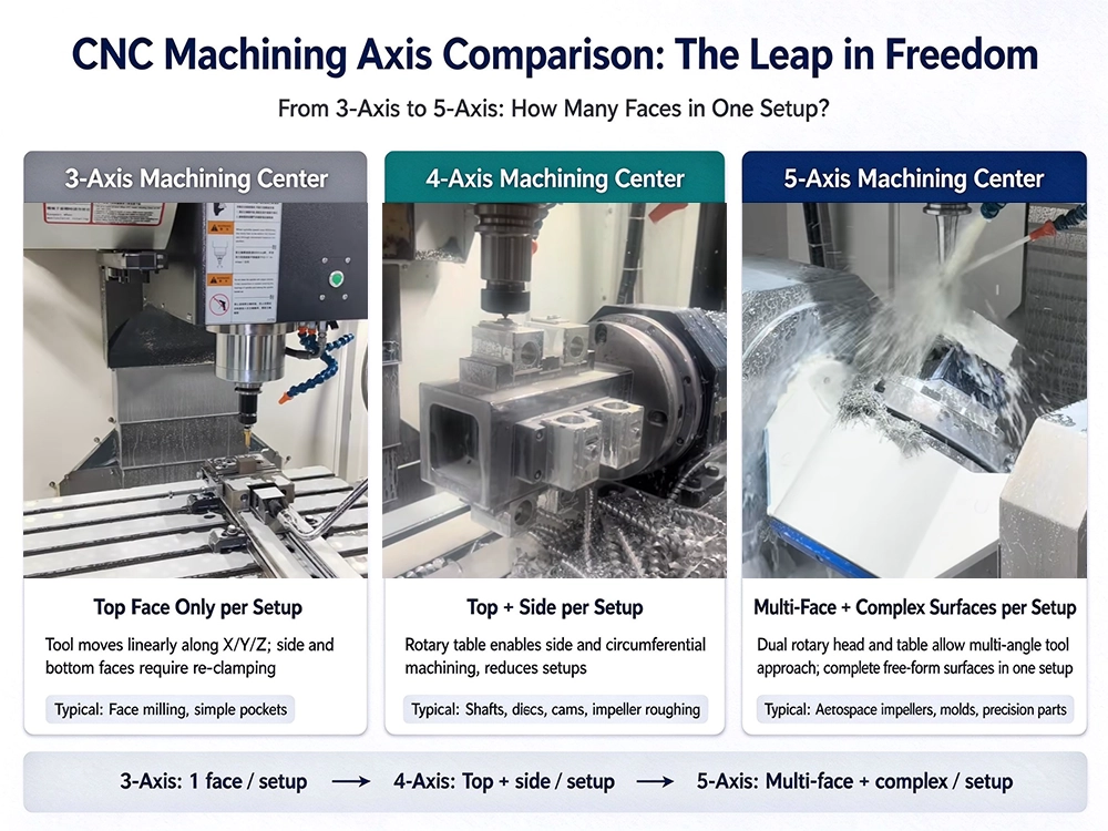Comparison of 3-axis, 4-axis, and 5-axis CNC machining capabilities and applications