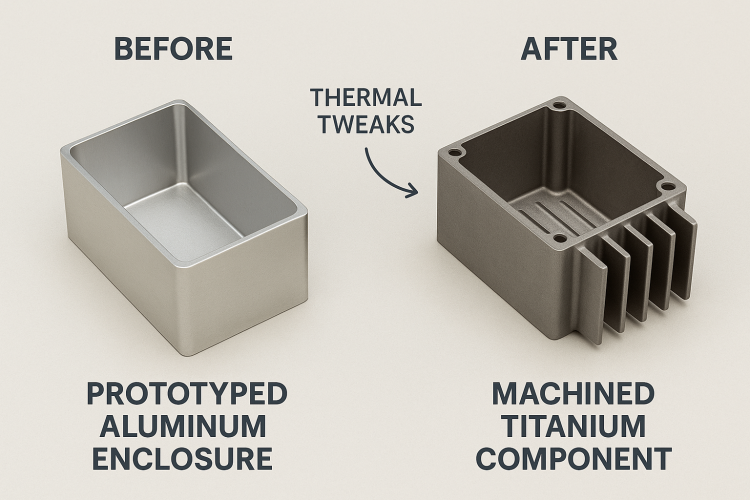 Case study visuals of CNC prototypes in aluminum and titanium, showcasing fusion threshold impacts.
