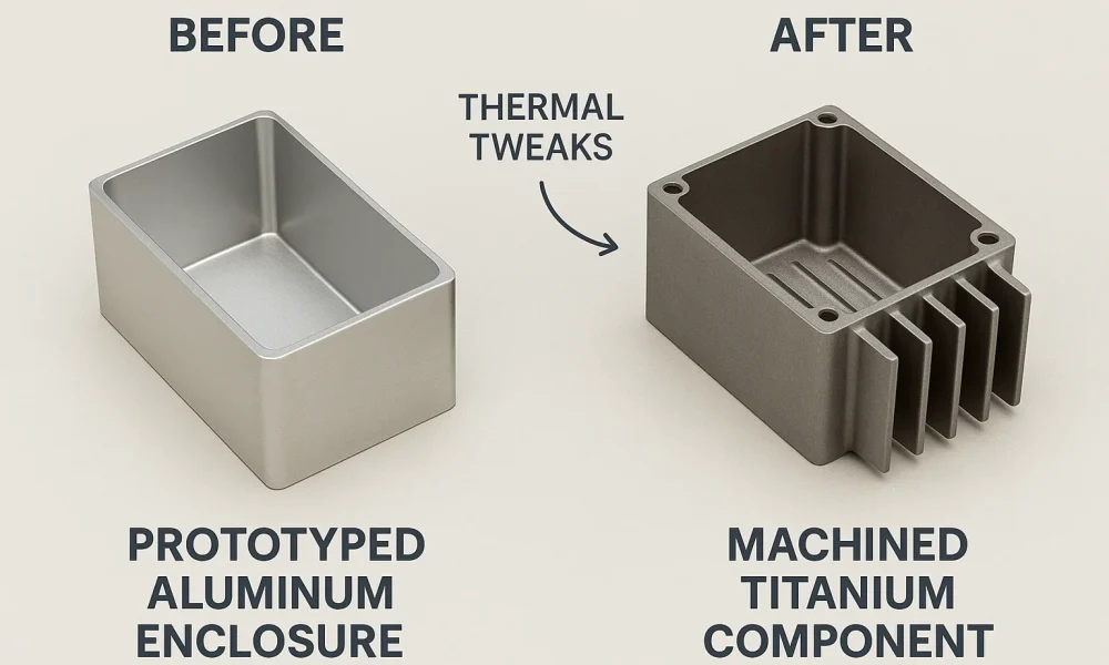Before and after comparison: prototyped aluminum enclosure vs machined titanium component with improved thermal management due to higher melting point