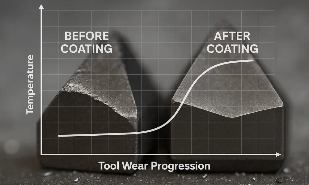 CNC cutting tool wear progression before and after heat-resistant coating, demonstrating extended tool life near metal melting temperatures