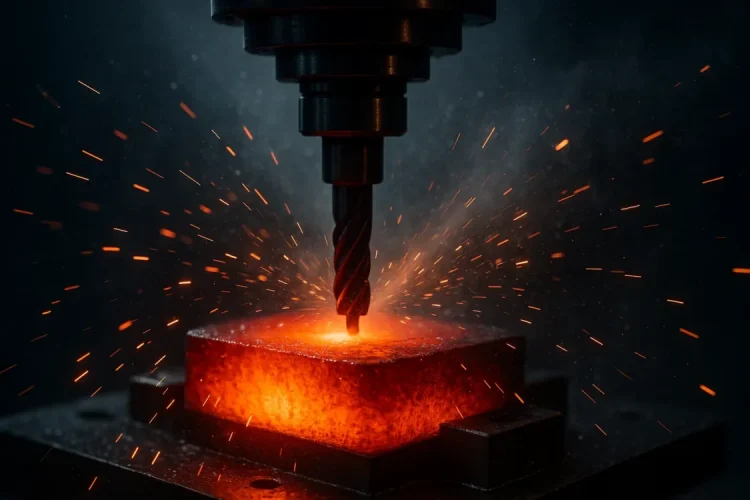 CNC machining a heated metal part, illustrating thermal challenges in precision manufacturing.