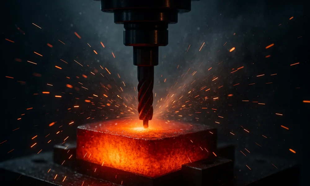 CNC machining generating intense heat and sparks while cutting metal close to its melting point