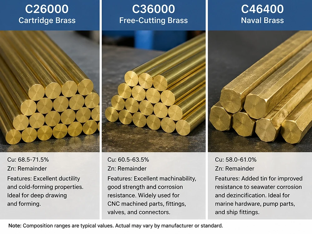 Comparison of common brass alloy grades C26000 cartridge brass, C36000 free-cutting brass, and C46400 naval brass with composition and applications