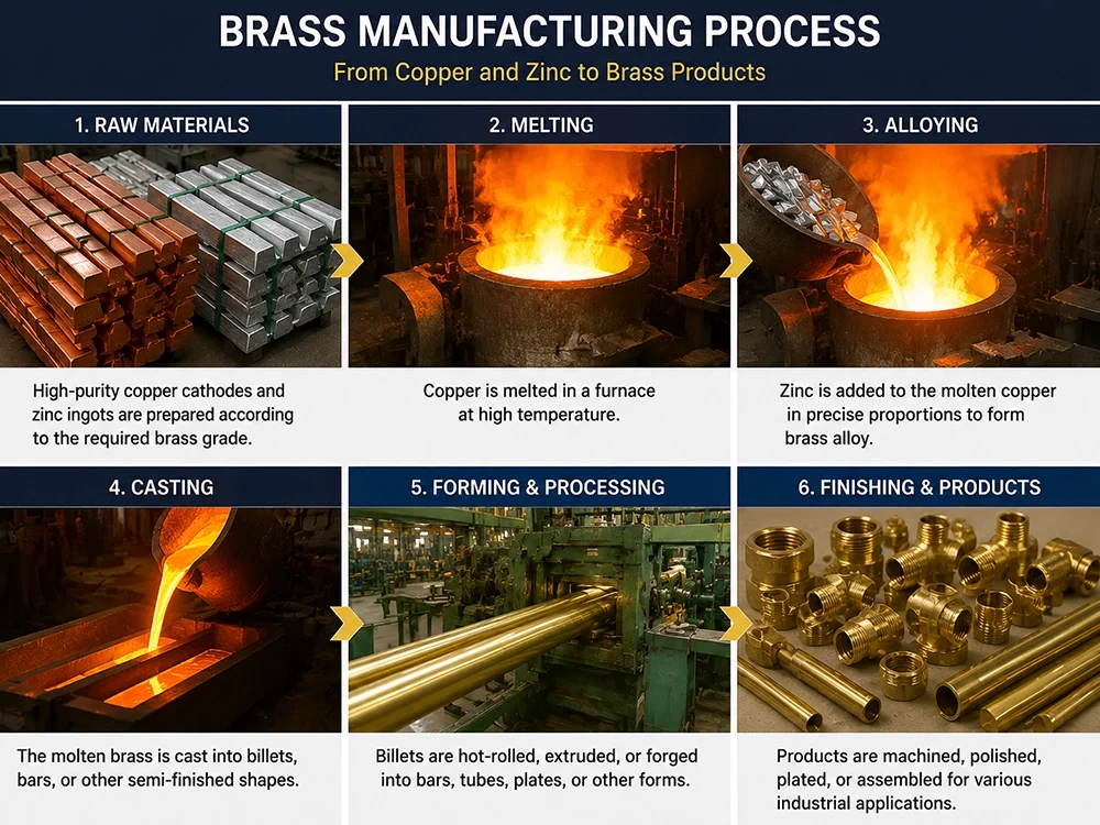 Six-step brass manufacturing process from raw copper and zinc through melting, alloying, casting, forming, and finishing into brass products