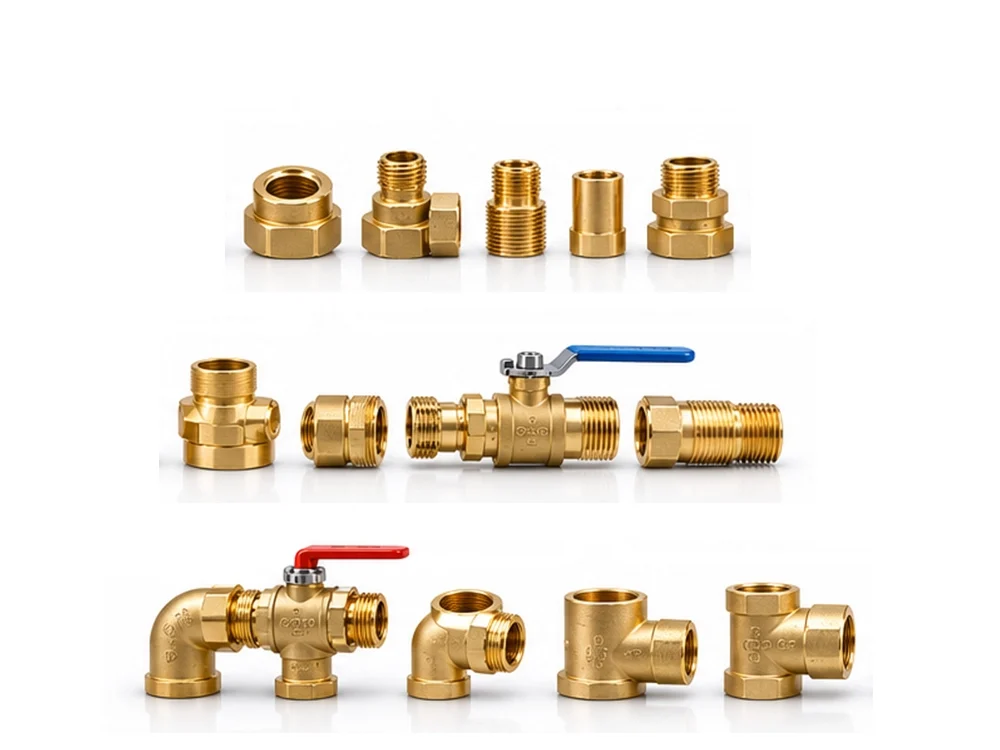 Variety of brass plumbing fittings: ball valves, elbows, tees, and compression connectors for professional water distribution and control systems