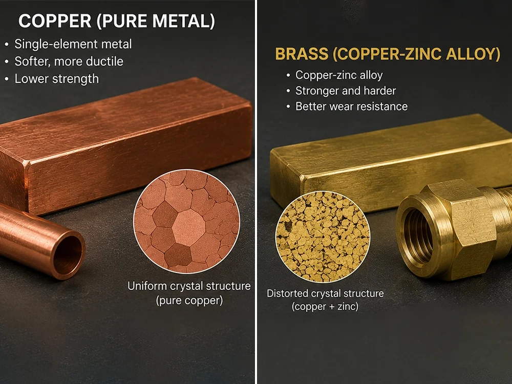 Microscopic crystal structure comparison showing uniform pure copper lattice versus distorted brass lattice from solid solution strengthening