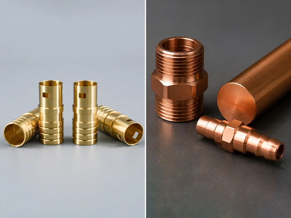 Precision CNC machined brass and copper industrial fittings showing surface finish and color difference between the two alloys