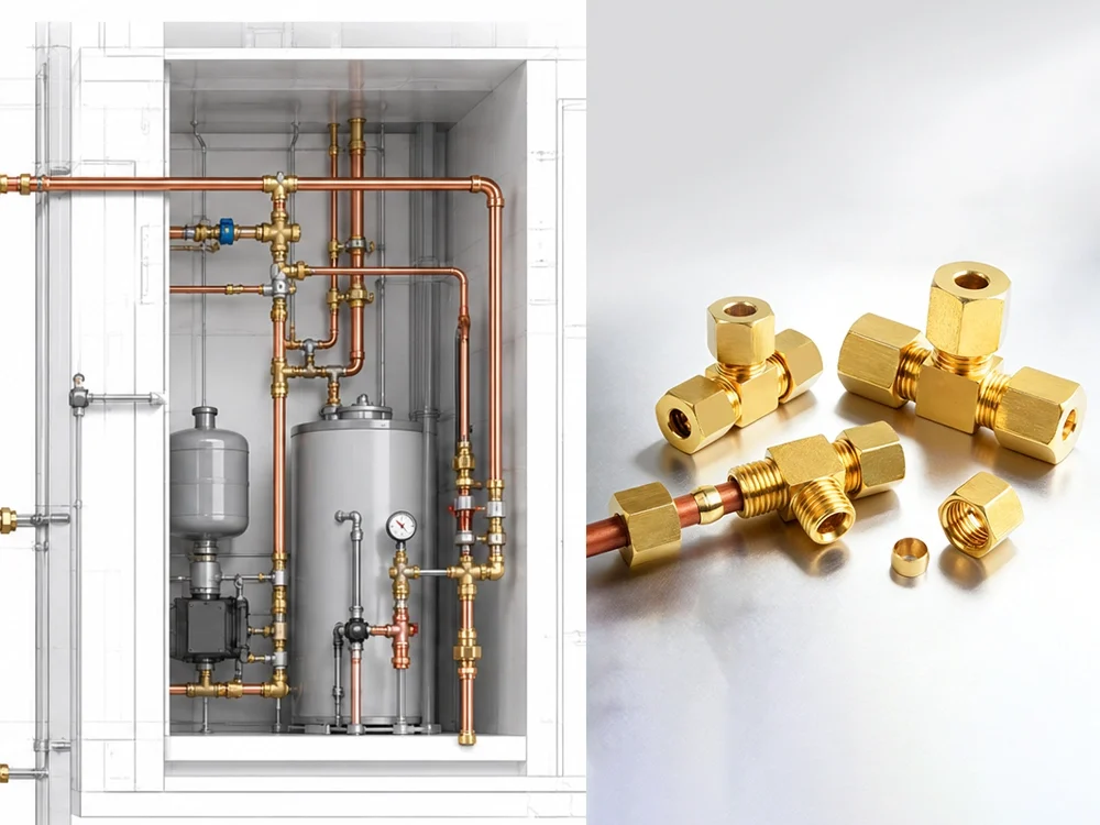 Commercial plumbing system combining copper pipes with brass valves and fittings.