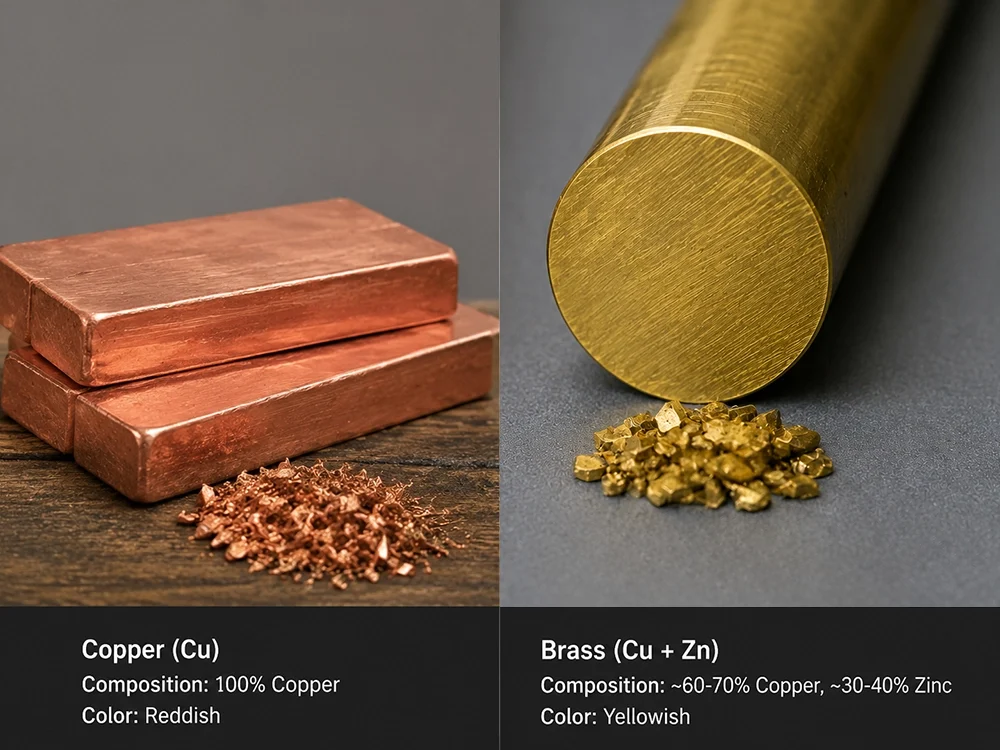 Side-by-side comparison of pure copper and brass showing composition percentage and color difference