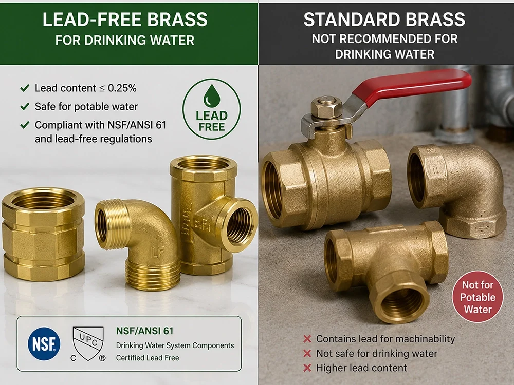Lead-free brass fittings certified NSF/ANSI 61 for drinking water compared to standard leaded brass fittings not recommended for potable water