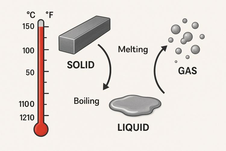 Infographic comparing melting and boiling phases of a metal, highlighting key temperature differences for machining safety.
