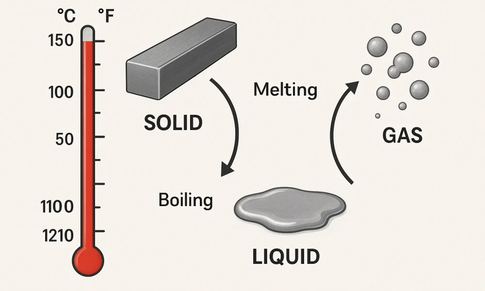 Diagram illustrating metal phase changes from solid to liquid (melting) and gas in CNC machining temperature context