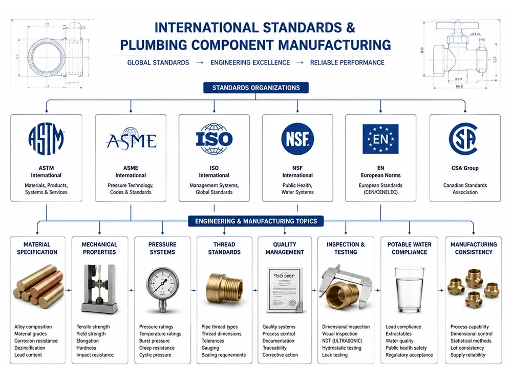 Framework illustrating major international standards used for brass and copper plumbing components.